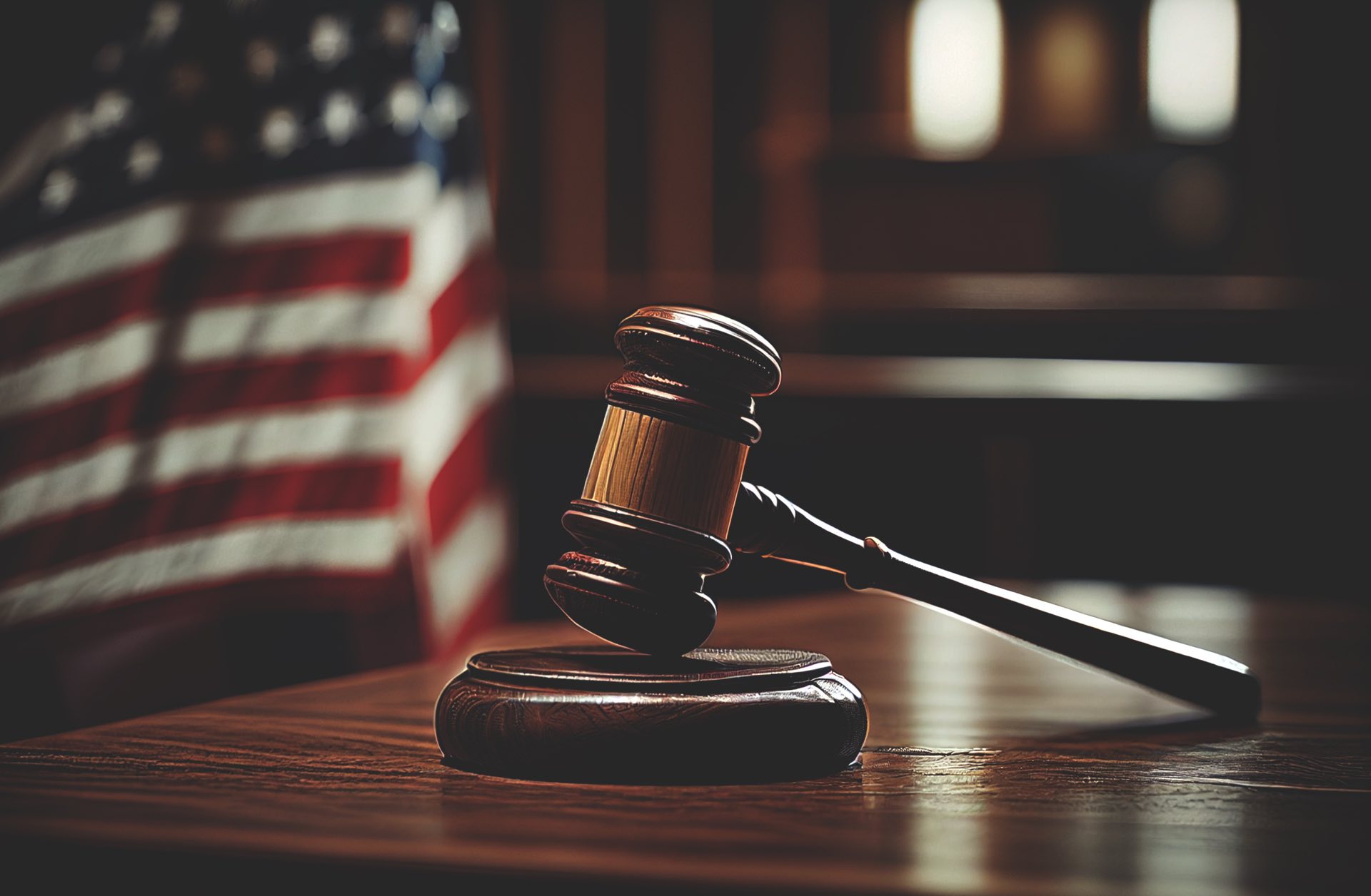 A mallet on a desk with a flag in the background