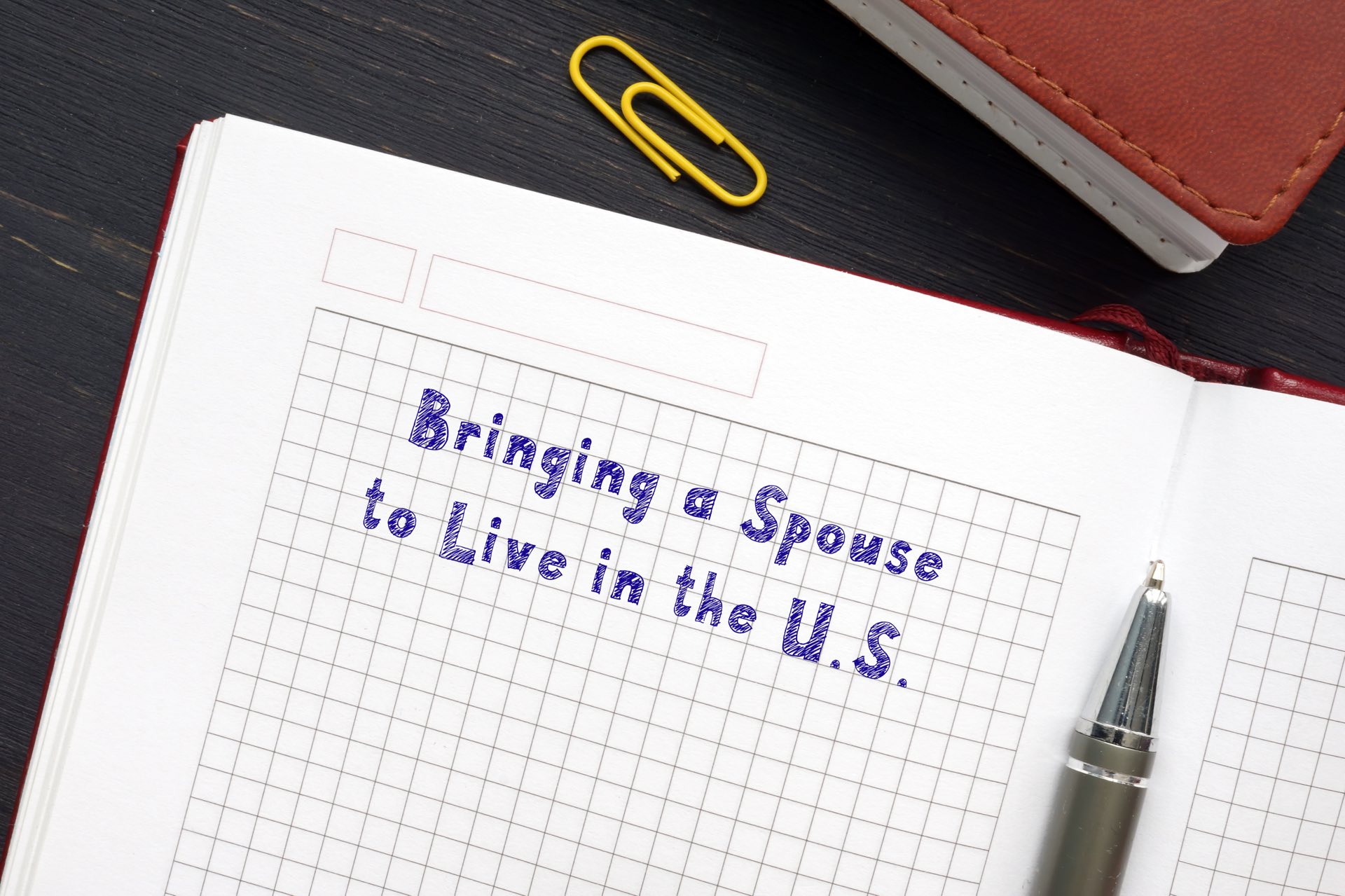 Yellow paperclip next to a paper that says bringing spouse to live in the u.s. with a black pen
