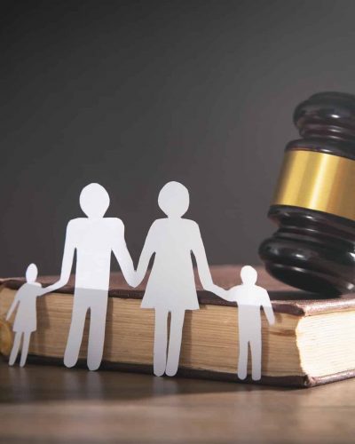 Paper cut family, judge gavel and book. Family Law